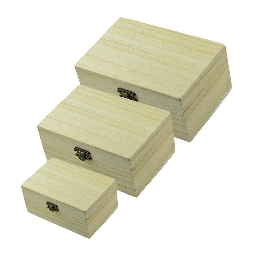3Sets Wooden Box Hinged Toys Tea Case Home Office Stores Organizing Boxes