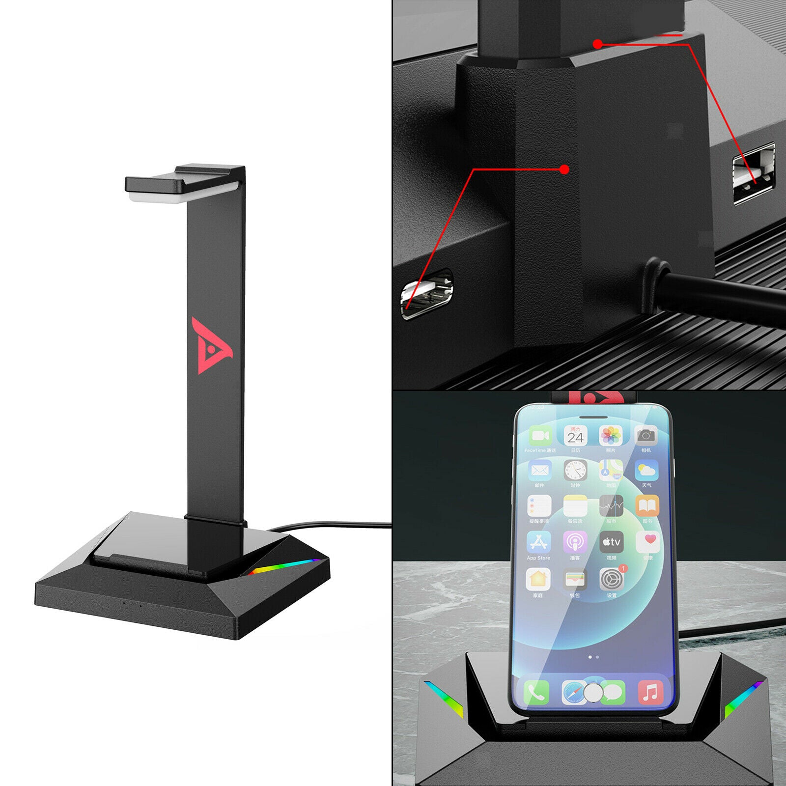 Gaming Headphone Holder Durable with 2 USB Ports Universal for Table Desk
