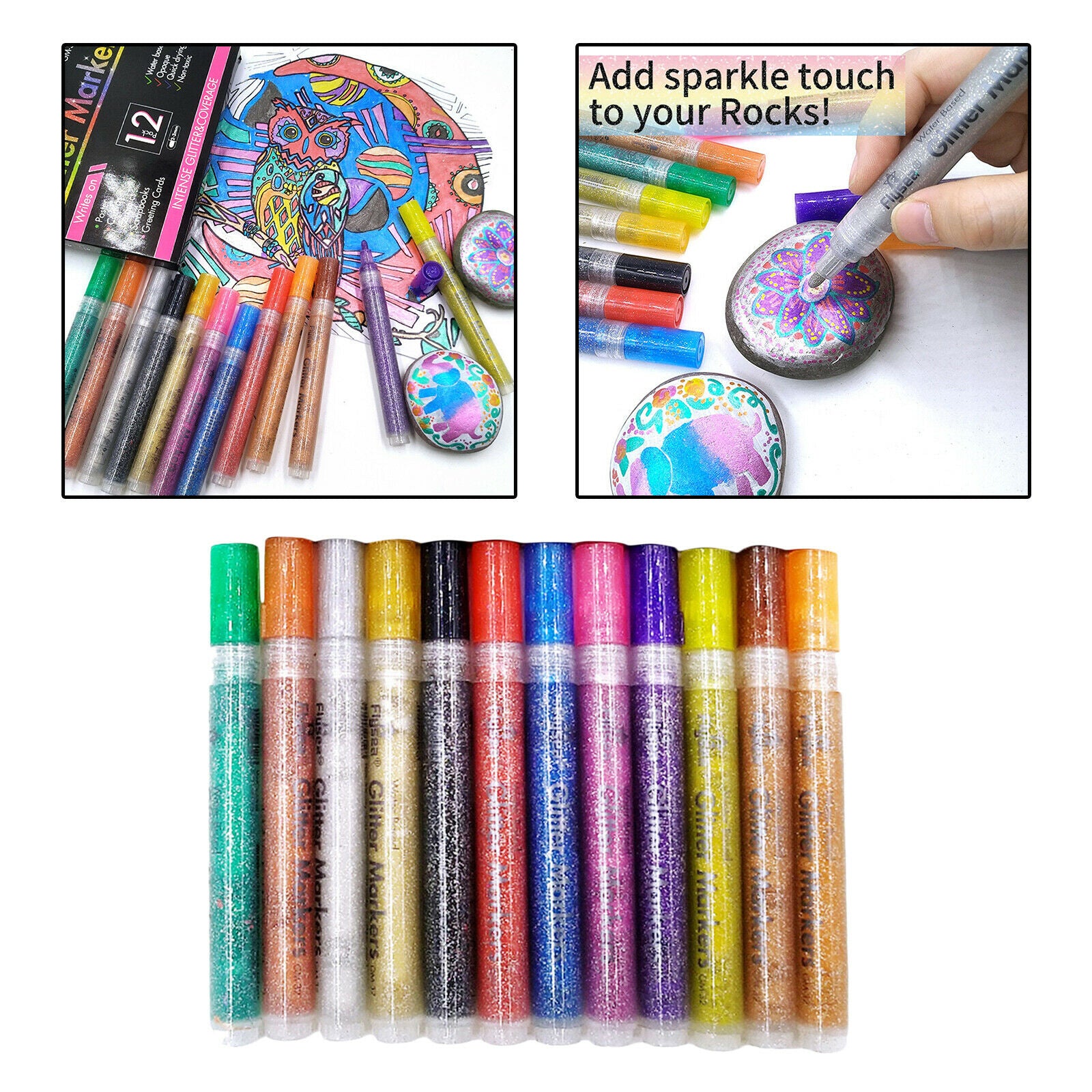 12 Colors Glitter Gel Paint Pens Art Craft DIY Rock Pebble Coloring 3mm Tips