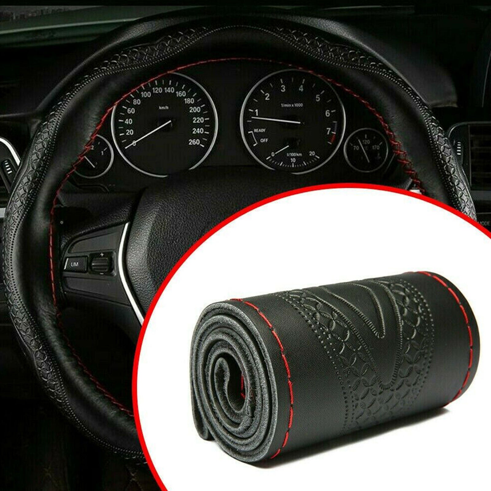 Leather DIY Car 37-38cm Steering Wheel Cover Auto SUV Black Red Universal