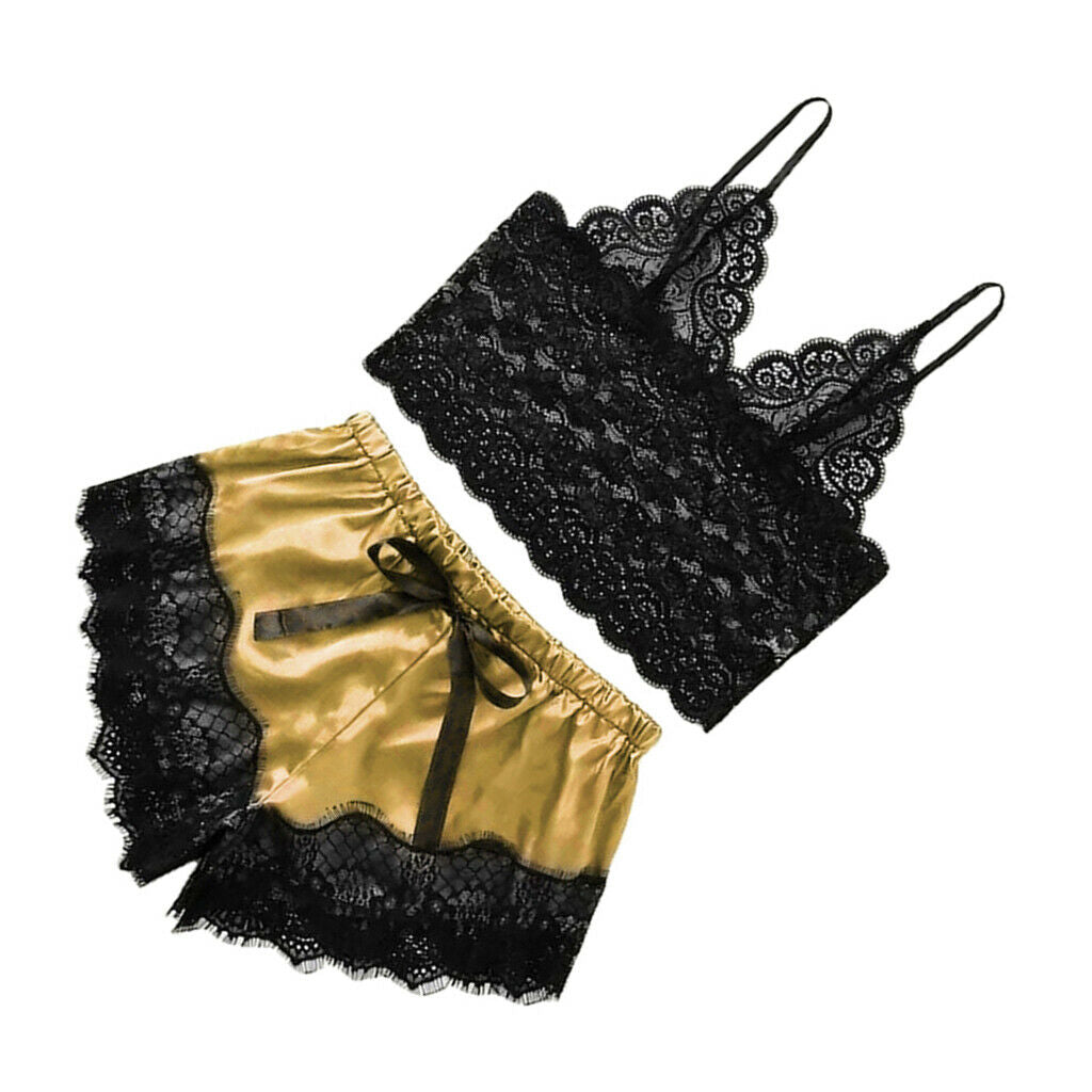 Women's Pajama Short Nightwear Lace Bralette Top & Shorts Homewear Golden XL