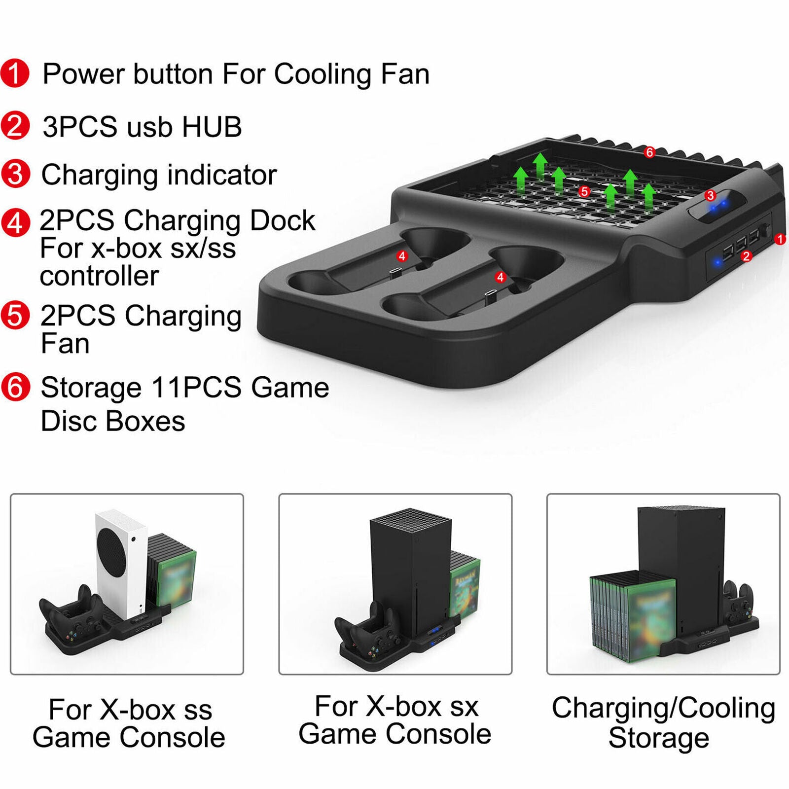For Xbox Series X Console Vertical Stand+Cooling Fan+Controller Charger+USB Hub
