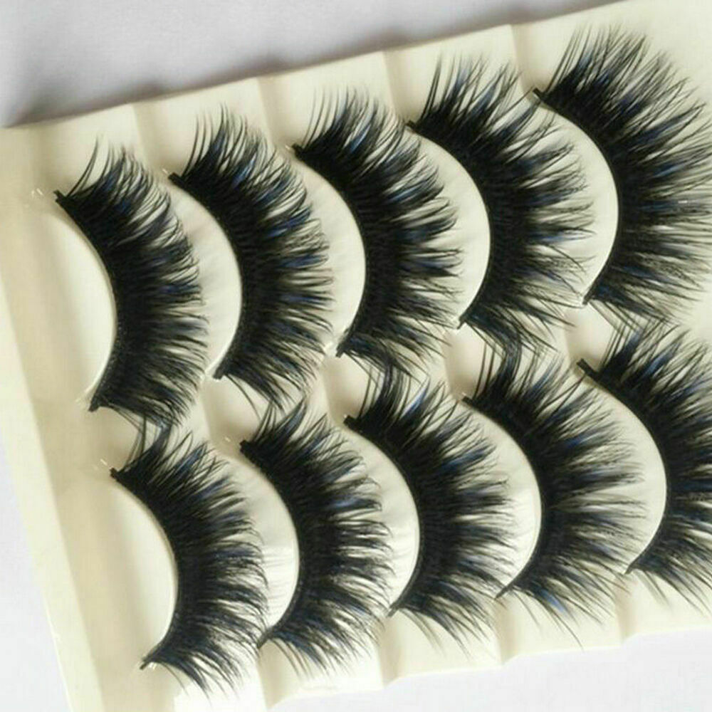 5 Pairs Blue+Black Handmade Long Thick Cross False Eyelashes Makeup Eye Lashes ~