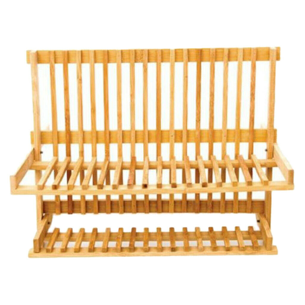 Wooden Dish Rack 2-Tier Collapsible Drainer Folding Dish Drying Rack for Home