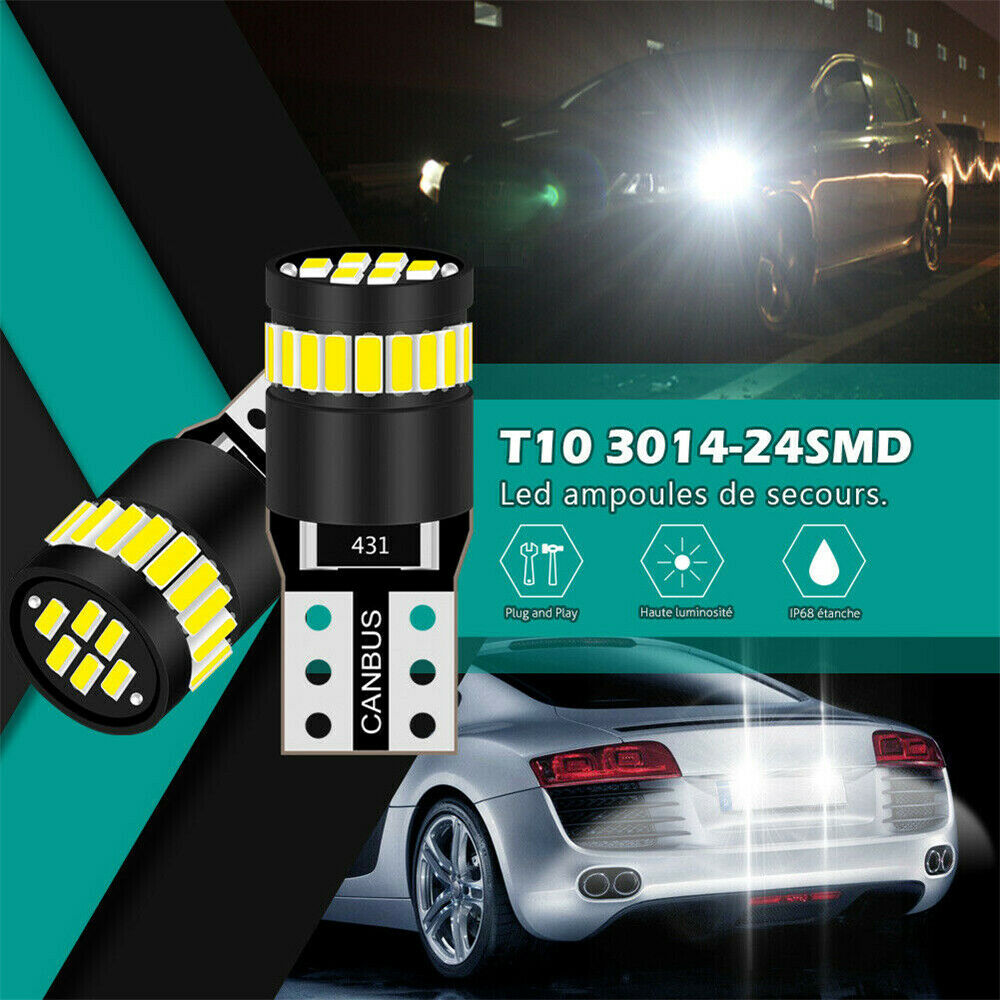 2Pcs T10 501 194 W5W SMD 24 LED Car CANBUS Error Free Wedge Light Bulbs White