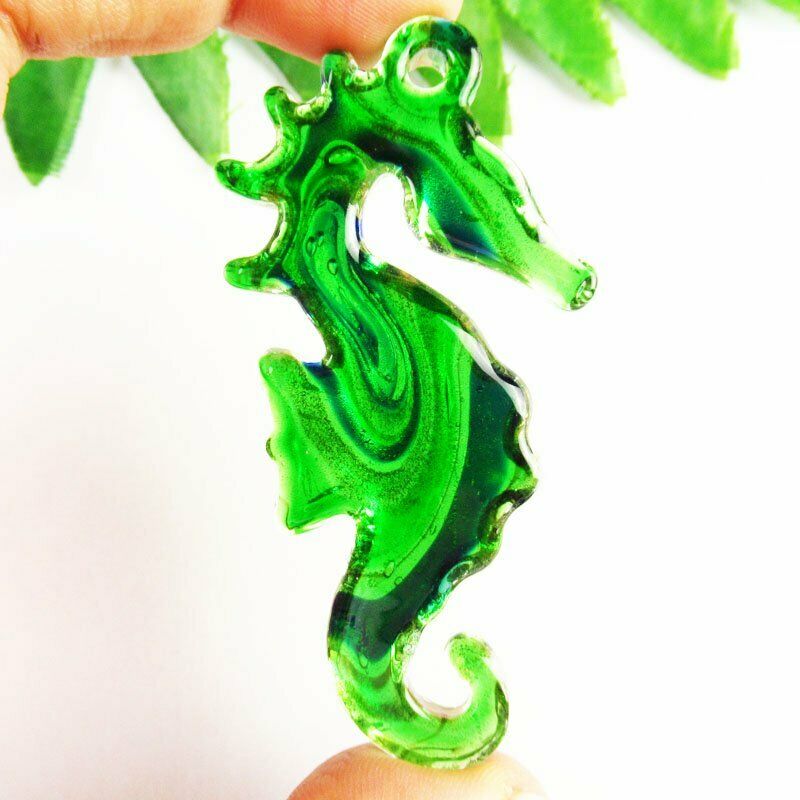 2Pcs Rainbow Inlaid Lampwork Gslass Sea Horse Pendant 28g 68x34x6mm A-408DP