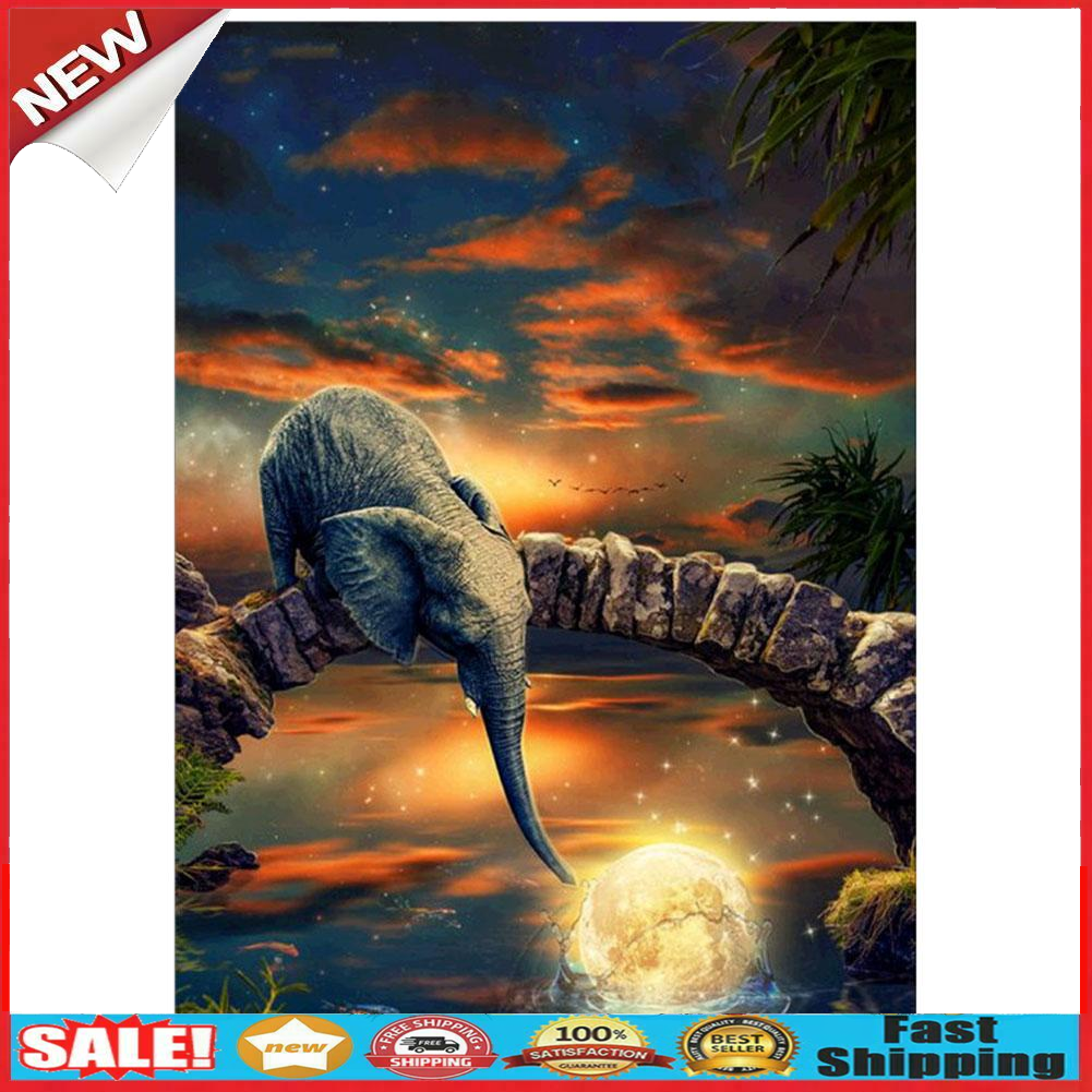 Lake Elephant 5D DIY Full Drill Round Diamond Painting Embroidery Kits Gift @
