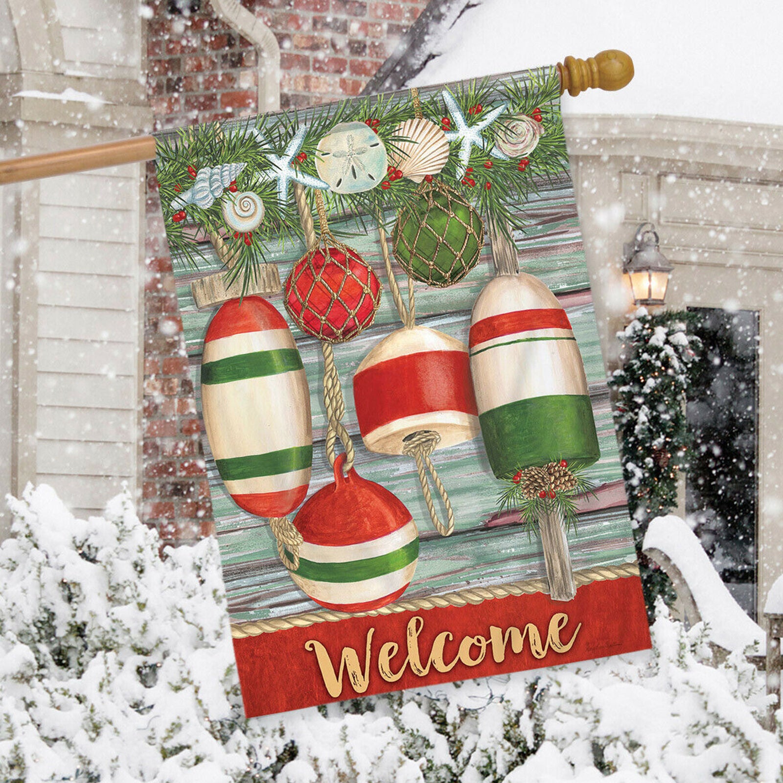 Festive Buoys Christmas House Flag Nautical Seashells 28" x 40" Briarwood Lane