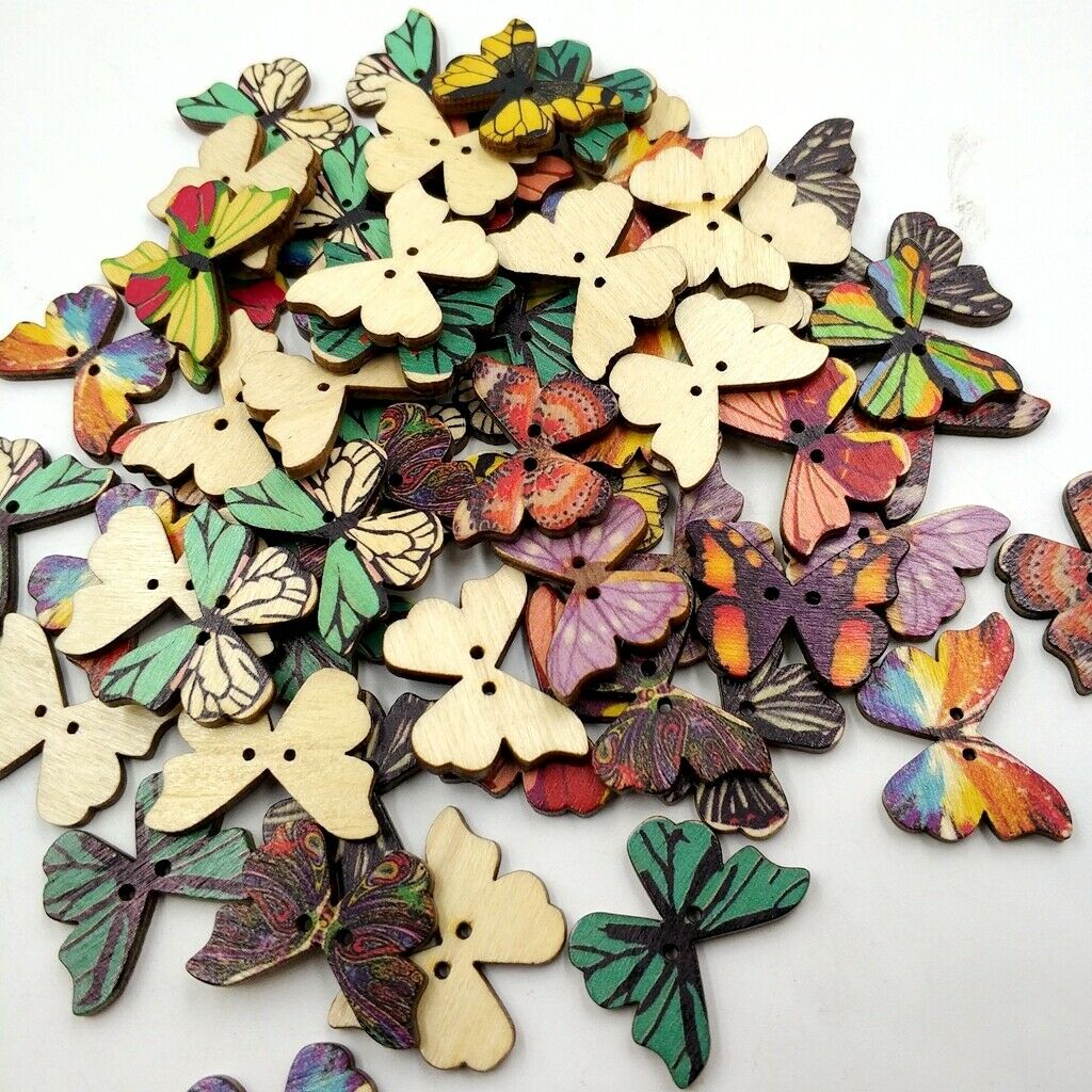 50pcs Mixed Butterfly Wood Buttons Clothing Decor Crafts Sewing Scrapbooking
