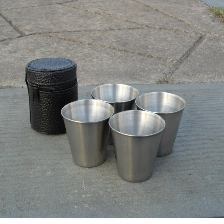 4Pc Portable Stainless Steel Shot Glass Cup Drinking Mug + PU Leather Cover Case