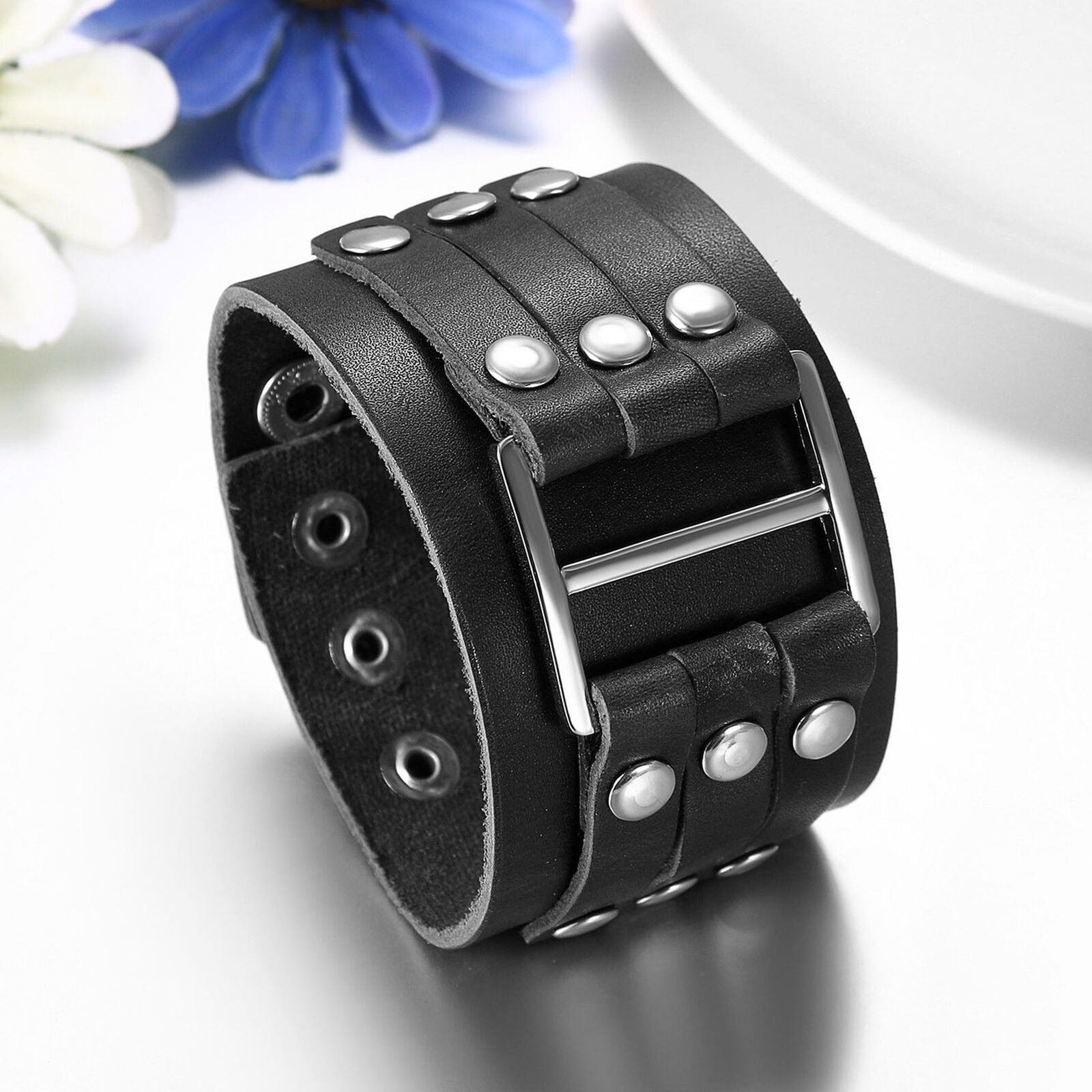 Big Buckle Rivet Cuff Wristband Bracelet Men's Punk Wide Leather Bangle Black