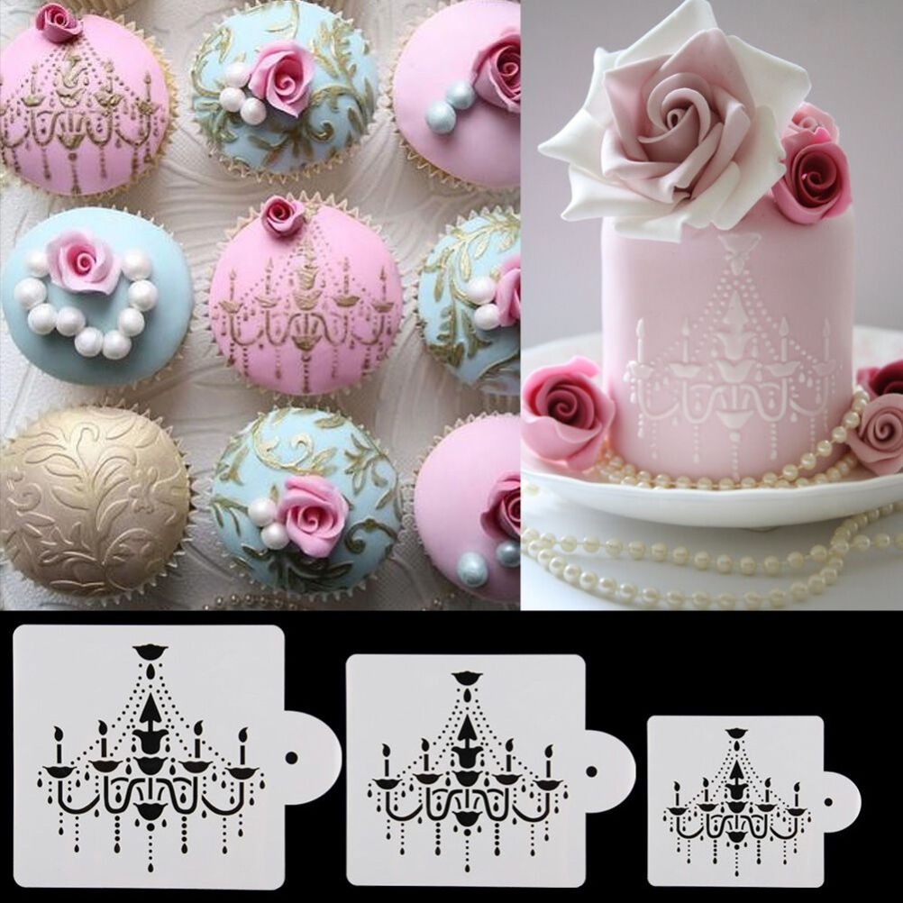 3x Chandelier Lace Wedding Cake Cookie Fondant Baking Stencil Decorating T.l8