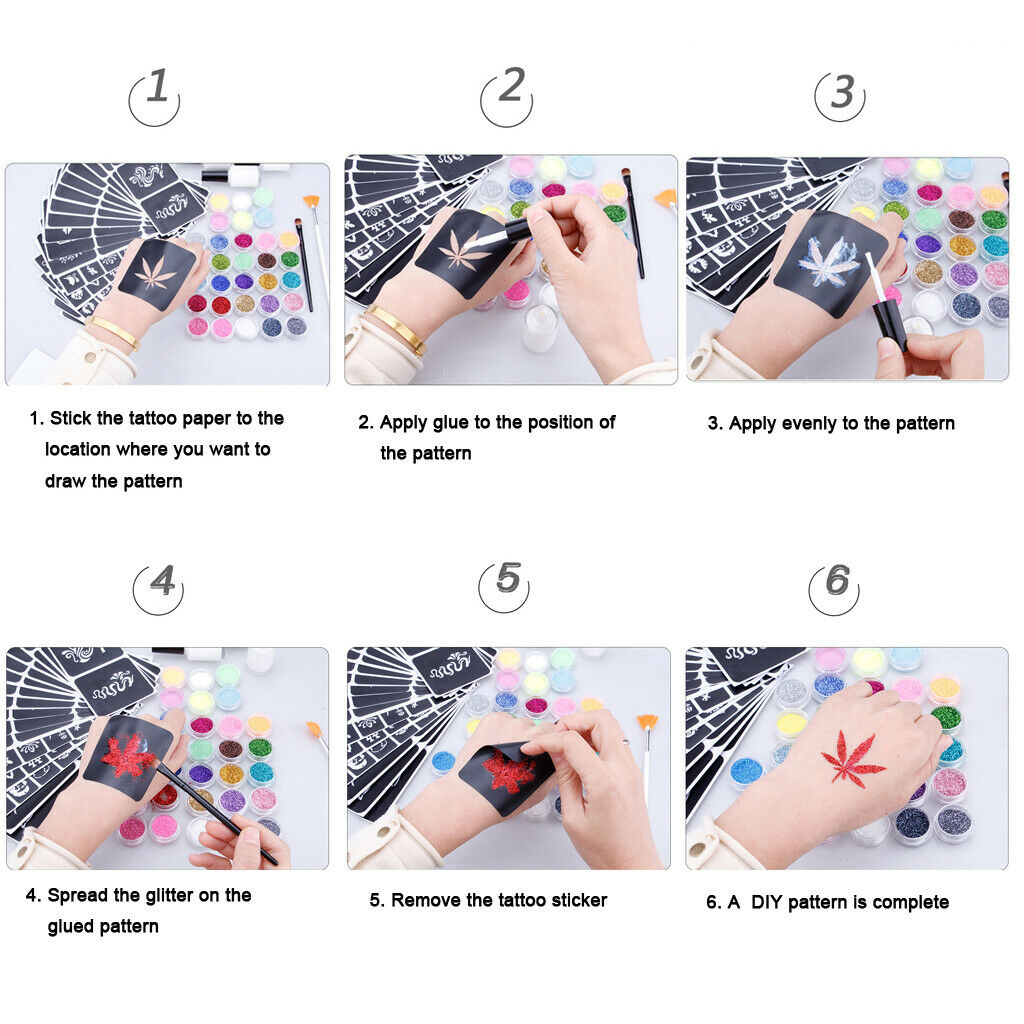 Face Hair Eye Makeup Iridescent Shiny Sparkling  Powder Tattoo Stencils Kit