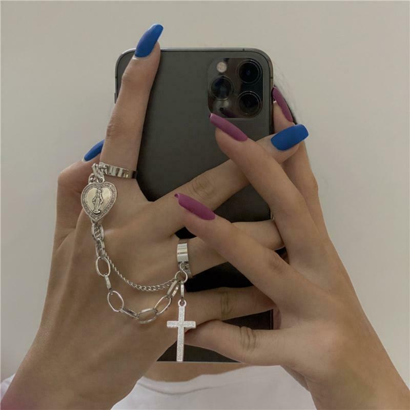 Retro Adjustable Chain Jesus Pendant Ring Alloy Cross Open Rings Hip Hop Jewelry
