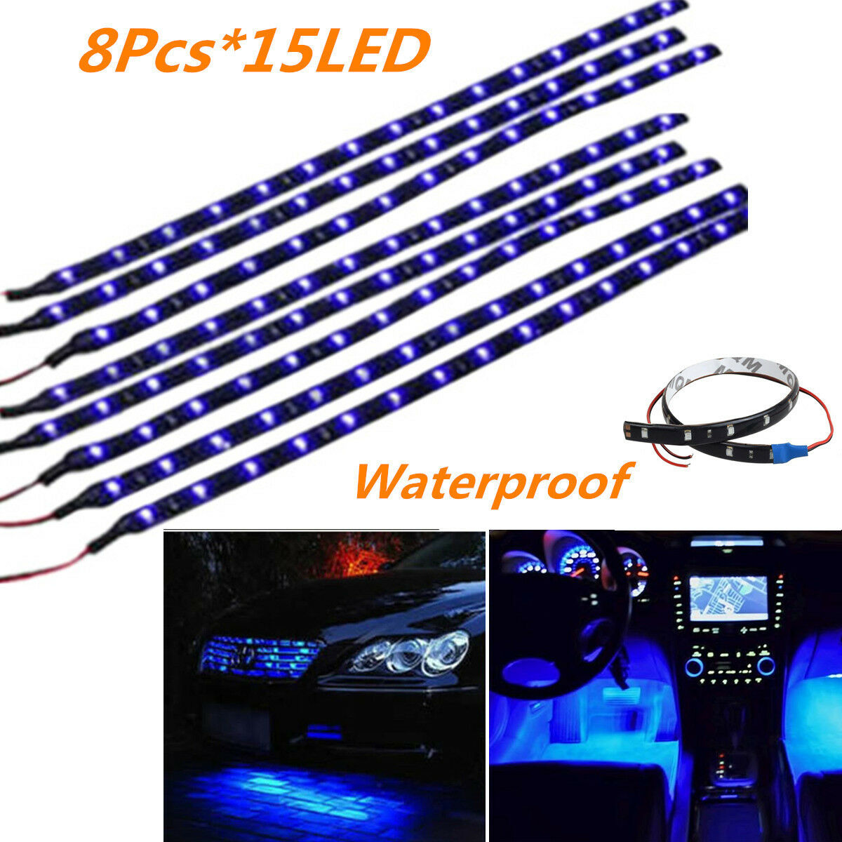 8pc 15LED 30CM Flexible Car Interior Atmosphere Lamp Footwell Floor Light Strips