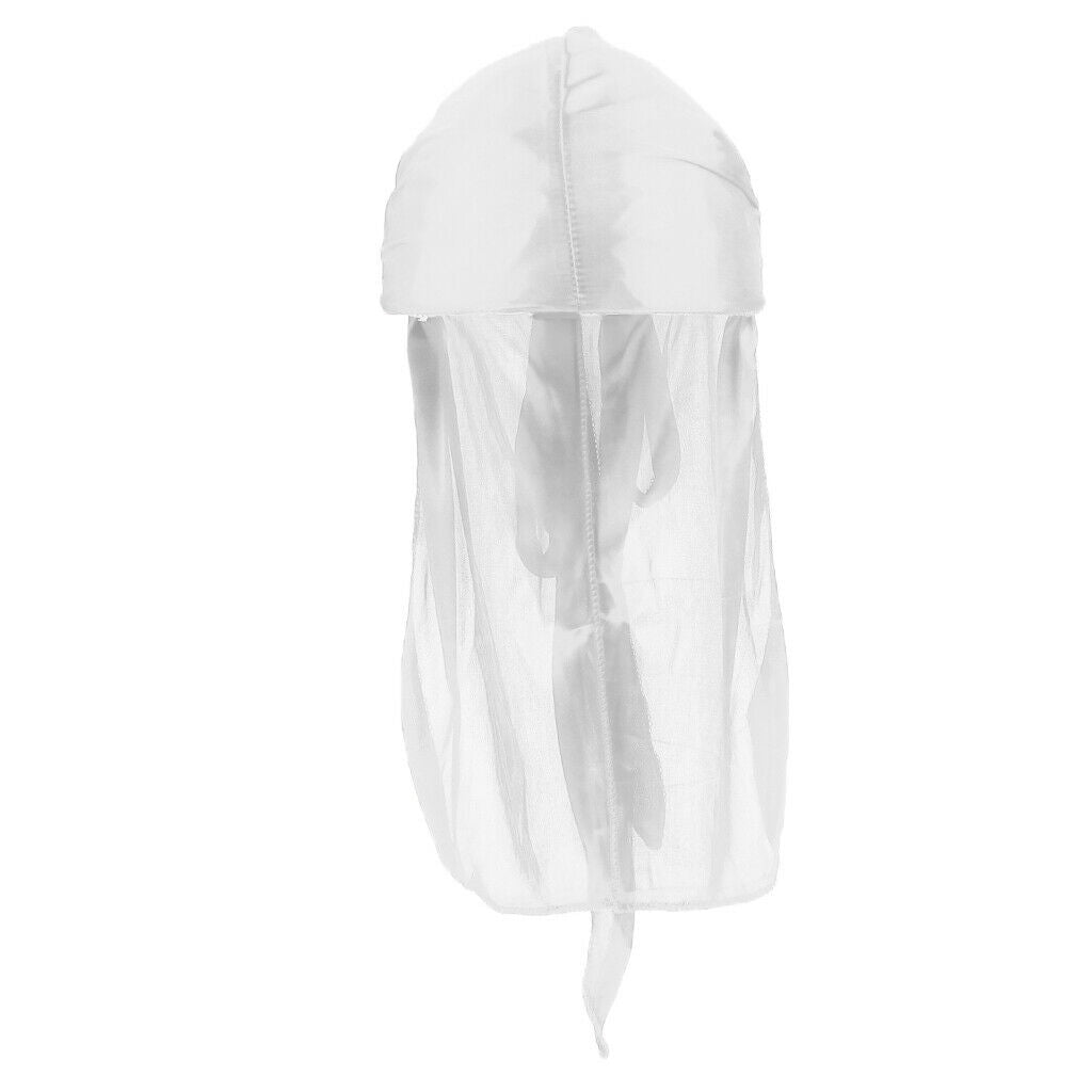 Unisex Soft Silky Durag Long Tail Wave   Headwrap Headscarf Headwear White