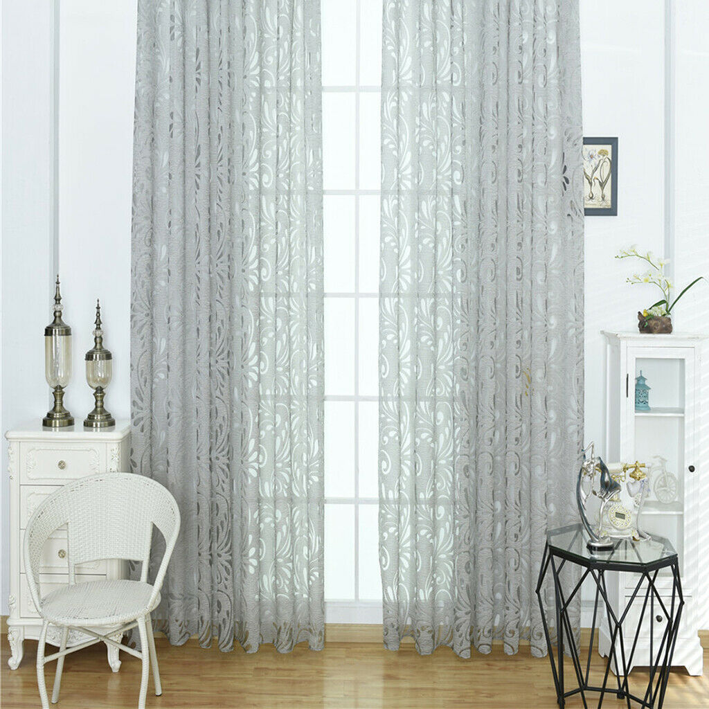 Elegant Flower Sheer Window Curtain Rod Tulle Drapery Panel 39''x78'' Grey
