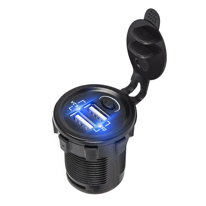 12V-24V Car ATV UTV Phone Charger Dual USB +2.1A Power Socket Blue LED w/ Switch