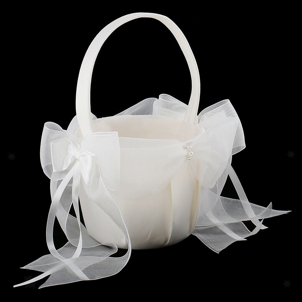 Beige Satin Flower Girls Basket Large  Bow Ribbons Wedding Supplies