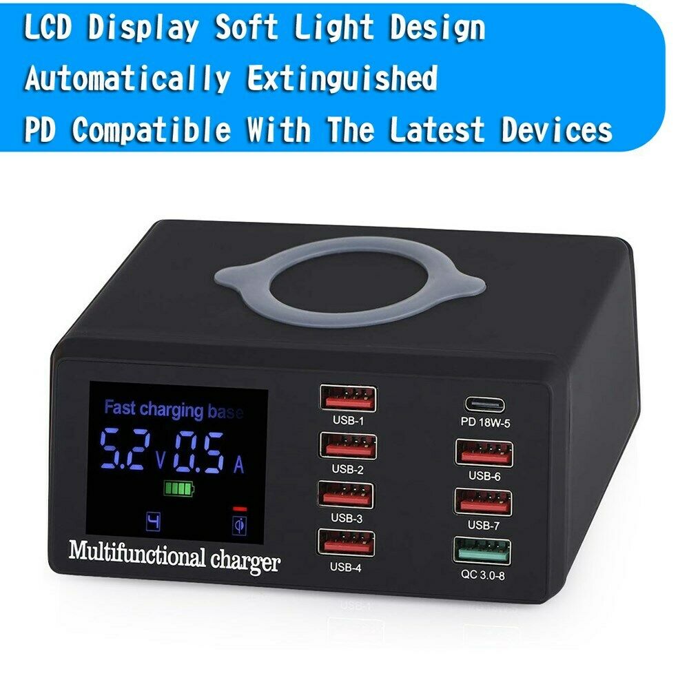 100W 8-Port Desktop Charging Hub QC 3.0 USB Port + PD + Wireless Station US Plug