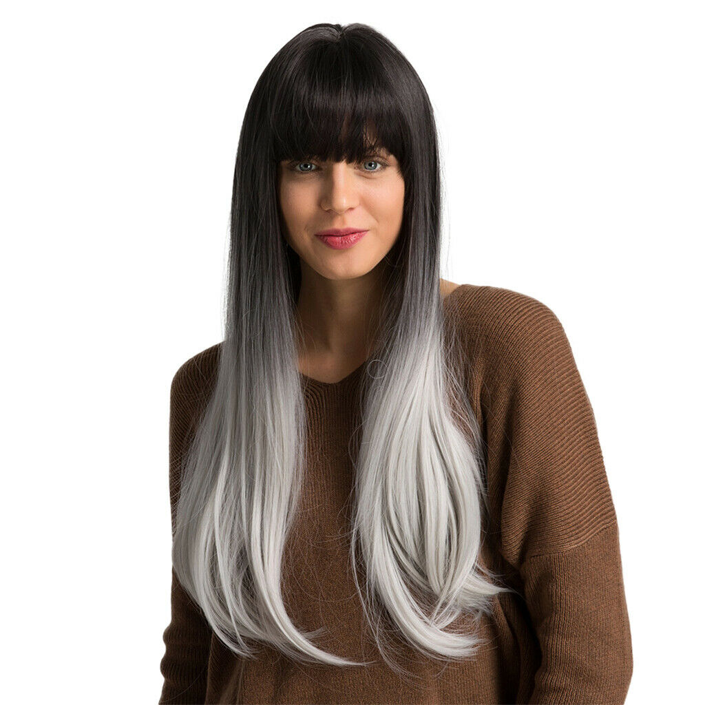 24'' Women Long Straight Wig Heat Resistant Natural Looking Wig w/ Neat Bang