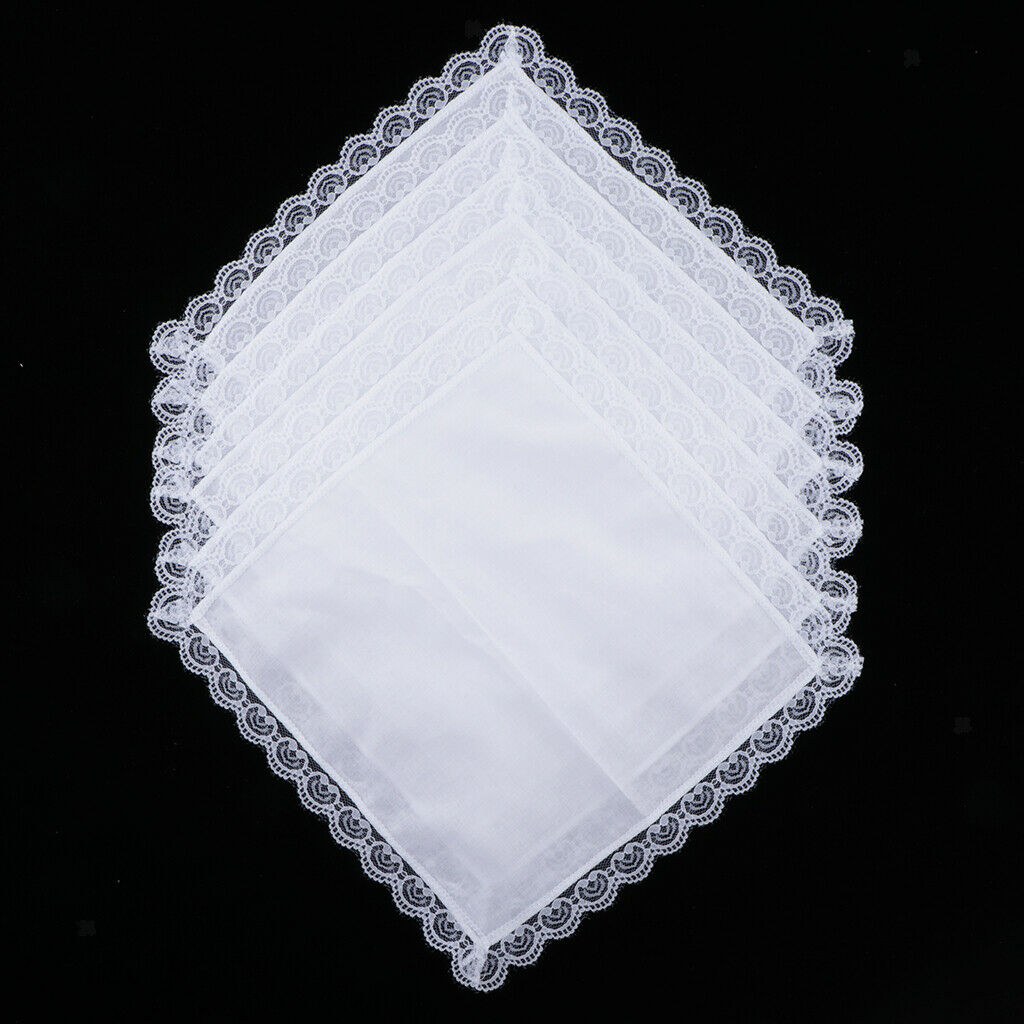 5 Pieces Ladies White Hankies Party Wedding Handkerchiefs Lace Cotton Hanky