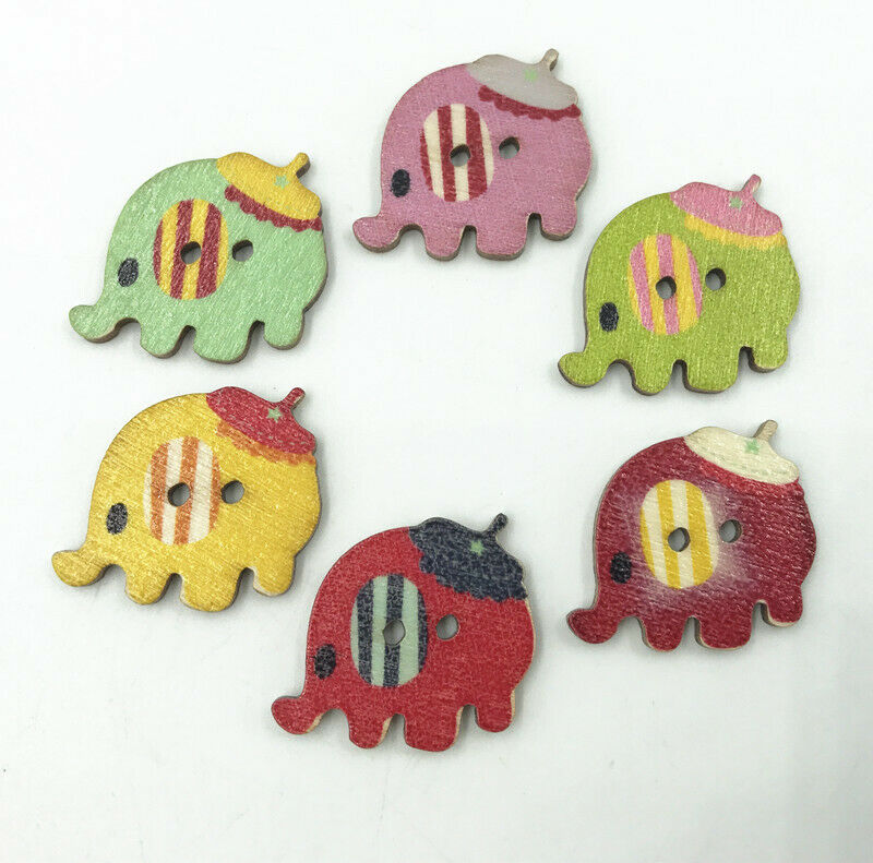 50X Wooden Buttons Mixed color Cartoon Elephant Sewing Crafts scrapbooking 25mm
