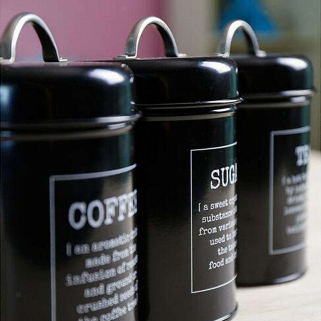 3pcs Tea Coffee Sugar Canisters Metal Kitchen Storage Tin Jars Pots Black