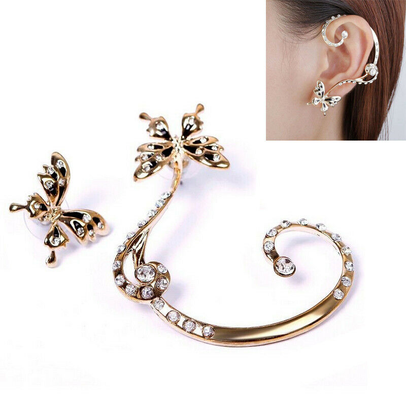 1Pair Lady Butterfly Ear Cuff Punk Clip Crystal Rhinestone Earring Partyd.l8