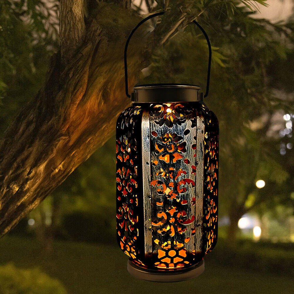 LED Solar Lamps Metallic Hollow Lantern Hanging Light Outdoor Garden Decor @