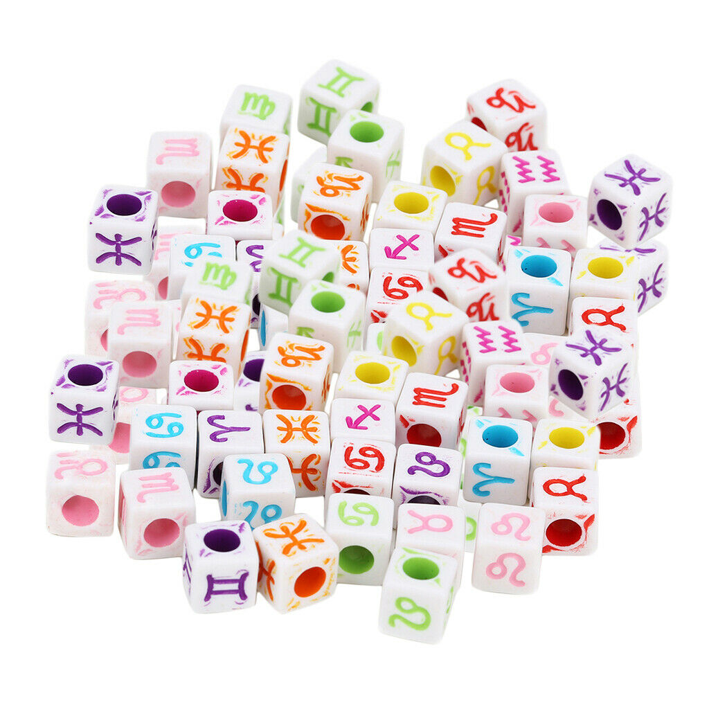 100x Colored Acrylic Cube Beads with Zodiac Designs DIY Jewelry Charm
