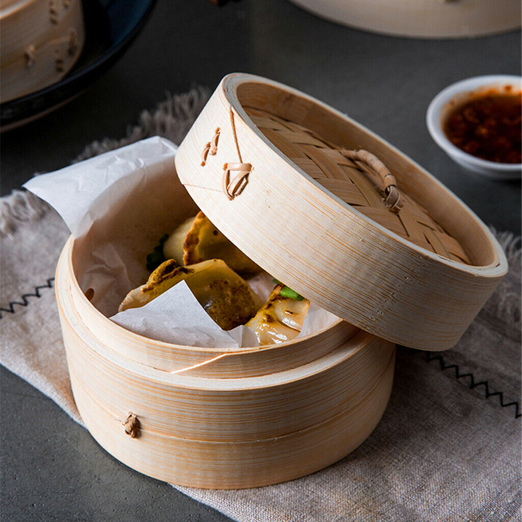 2x Bamboo Steamer Asian Food Steaming Kitchen Steam Basket 15&21cm for DIY