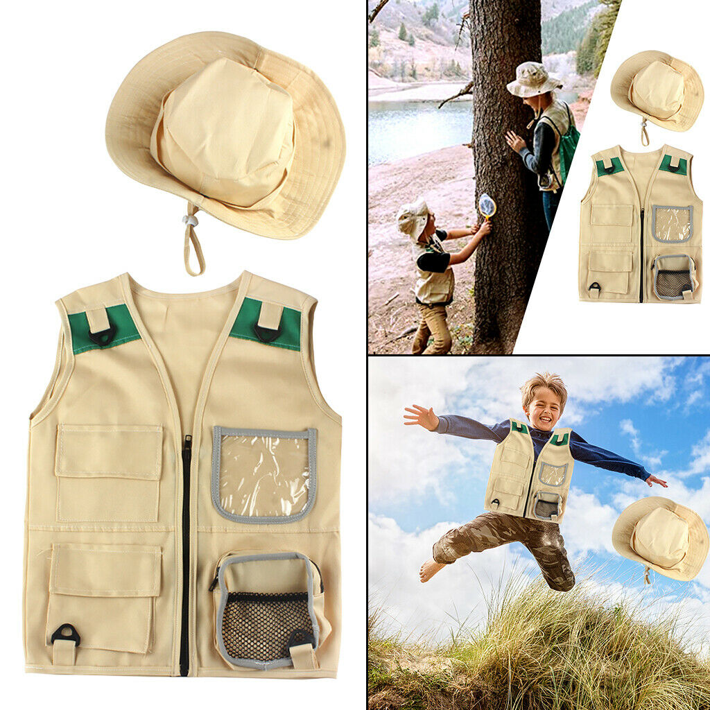 Cargo Vest & Hat for Boys Girls Hiking Outdoor Explorer Set Party Unisex