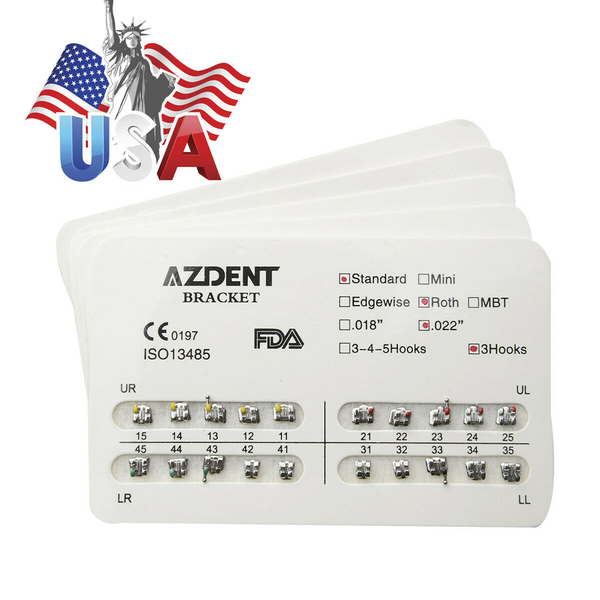 20xDental Ortho Brackets Standard Roth .022 3 Hooks Metal Braces AZDENT