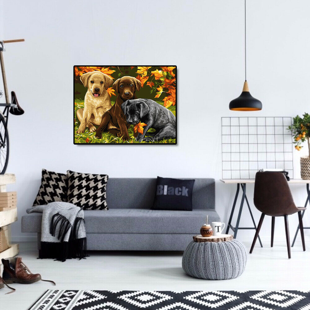 Leaves Dogs DIY Oil Painting By Numbers Kit Canvas Hand Painted Wall Art @