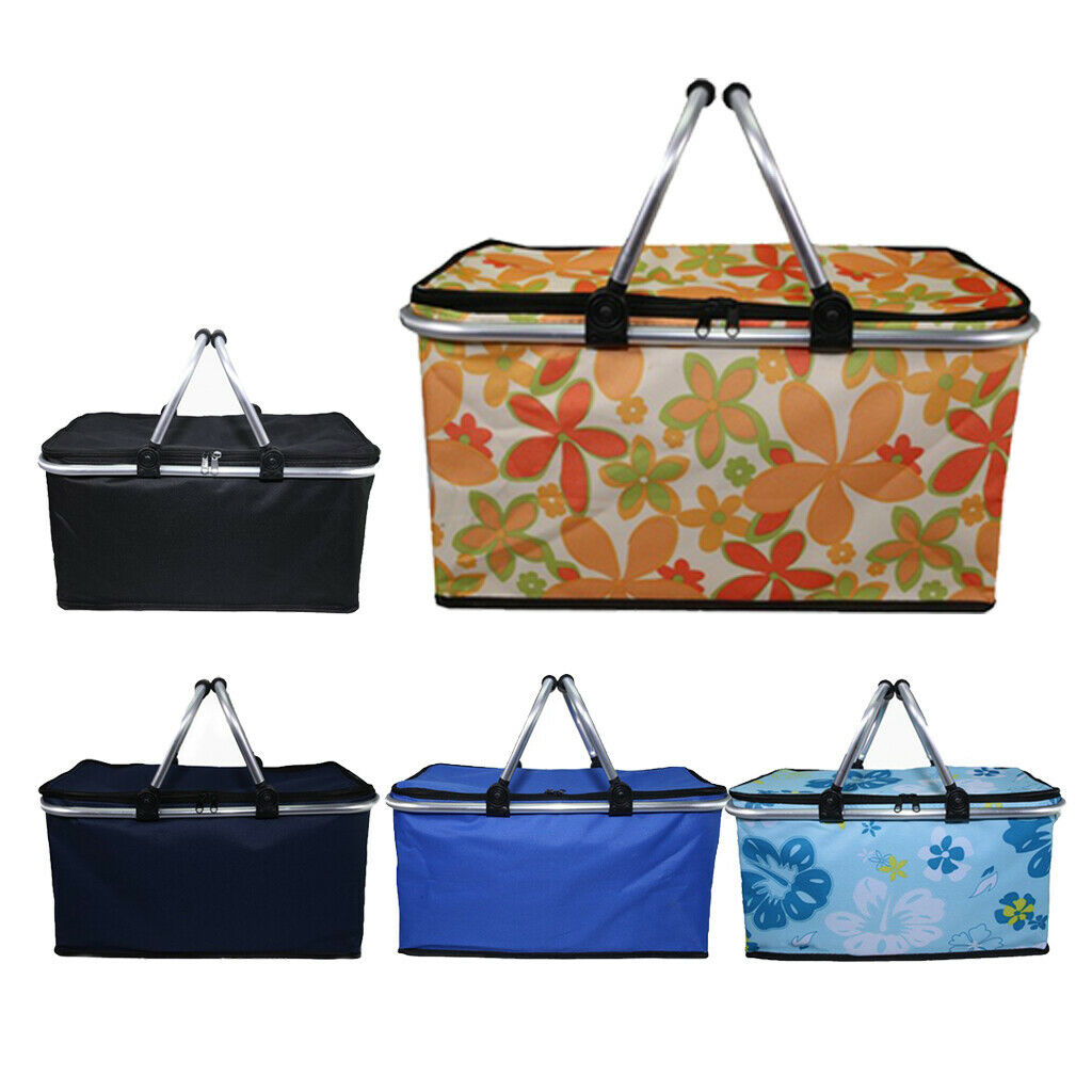 Oxford Insulated Picnic Bag Collapsible Portable Cooler Basket Blue