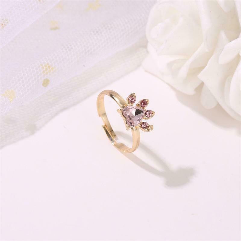 Pink Crystals Cat Paw Earrings Rings Pendant Bracelet Adjustable Pet Cat Jewerly