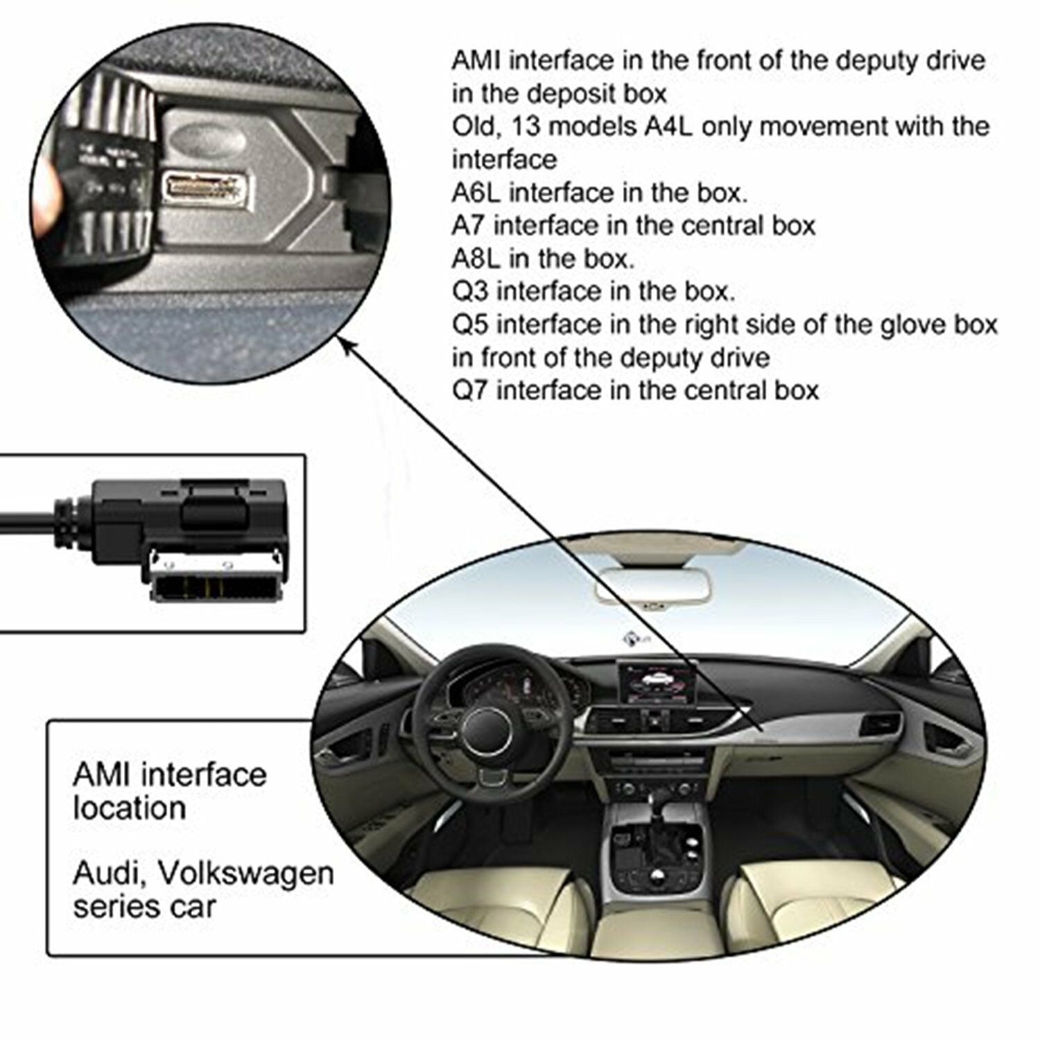 1x AMI MDI MMI 3.5 mm AUX Interface Adapter Car Audio Cable for Audi VW