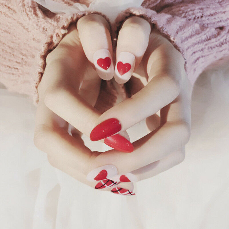 red heart acrylic nail tips short false nails art fingernails 24pcs/set JcJ.DD