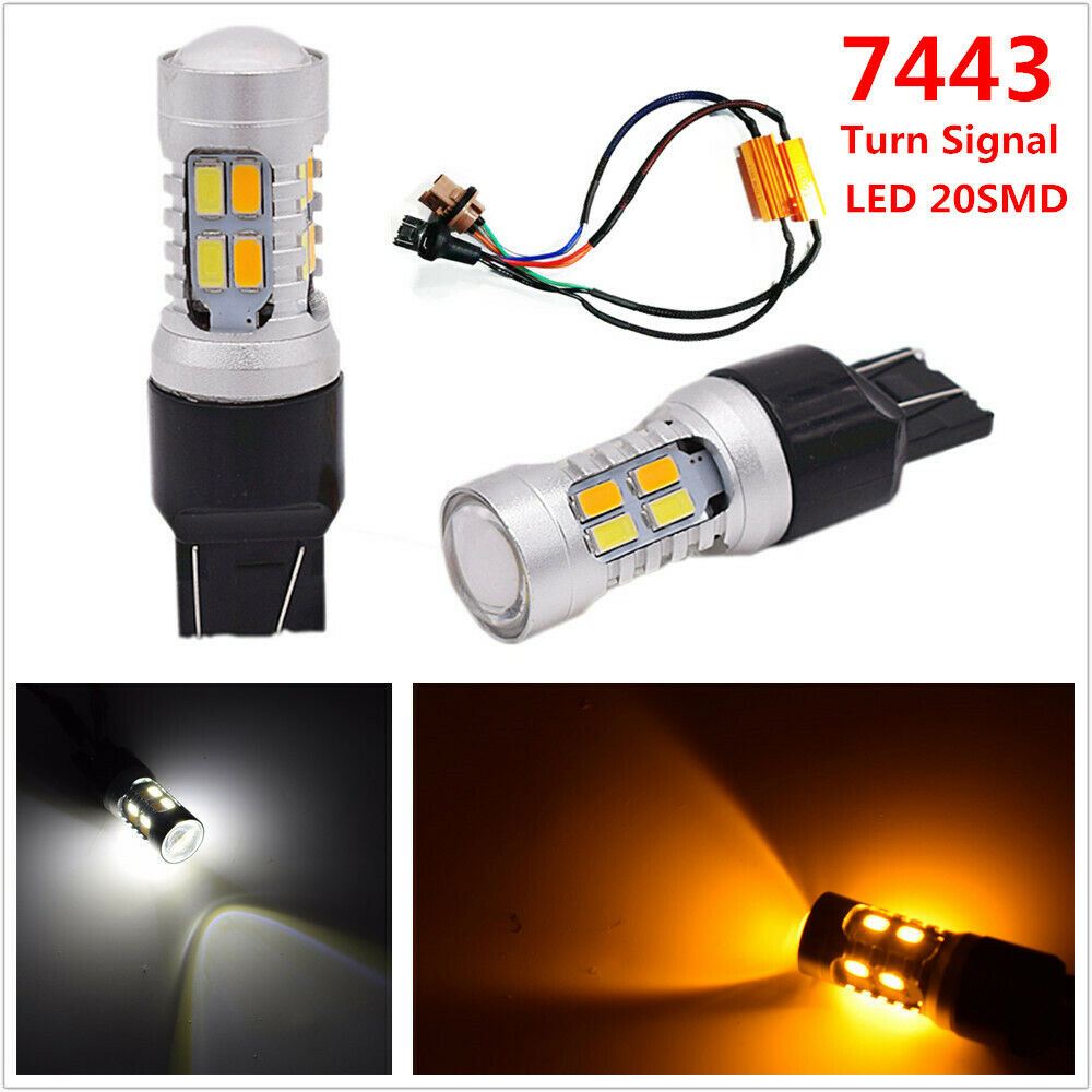 2PCS 7443 20SMD LED Chip White/Amber Brake Turn Signal Side Marker Lights Bulbs
