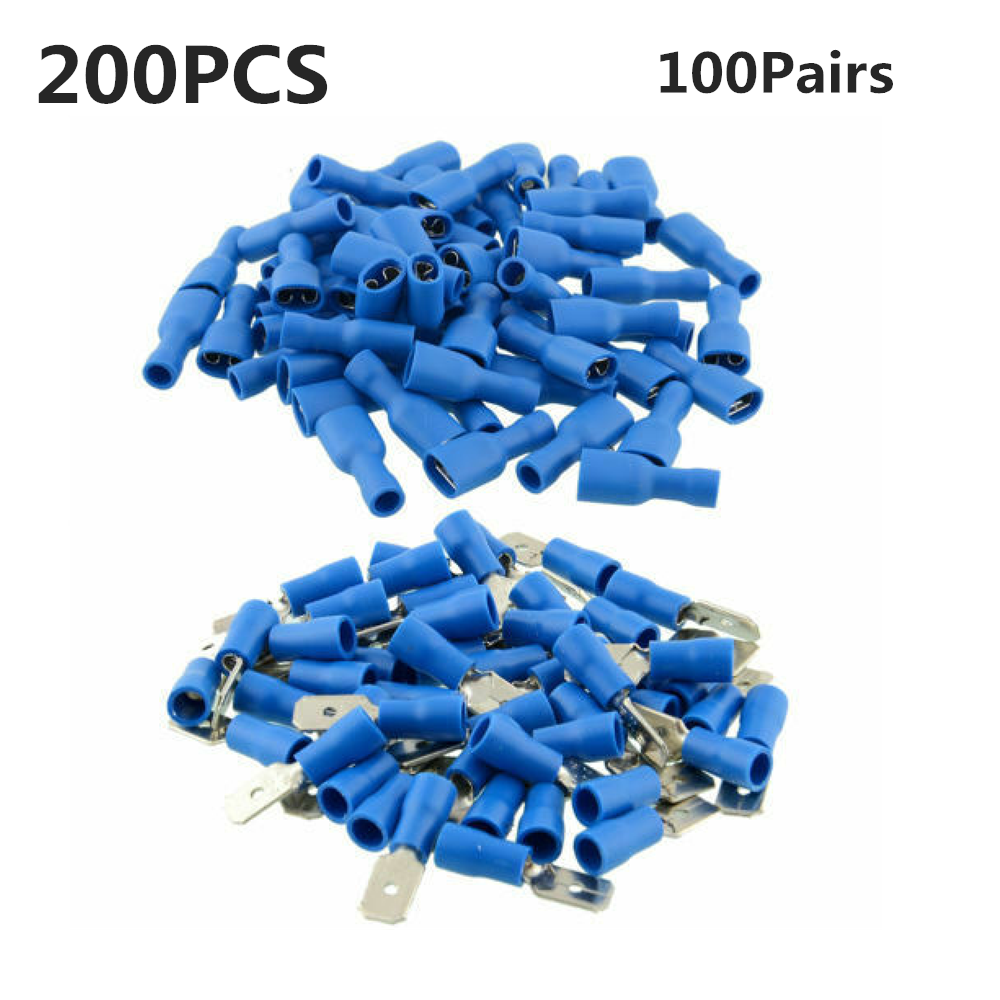 200x Blue Insulated Spade Electrical Crimp Connectors Male & Female 6.3mm