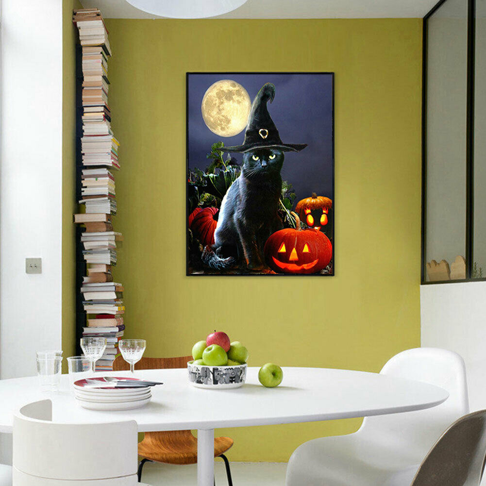 Halloween Black Cat 5D Full Drill Diamond Painting DIY Craft Cross Stitch @