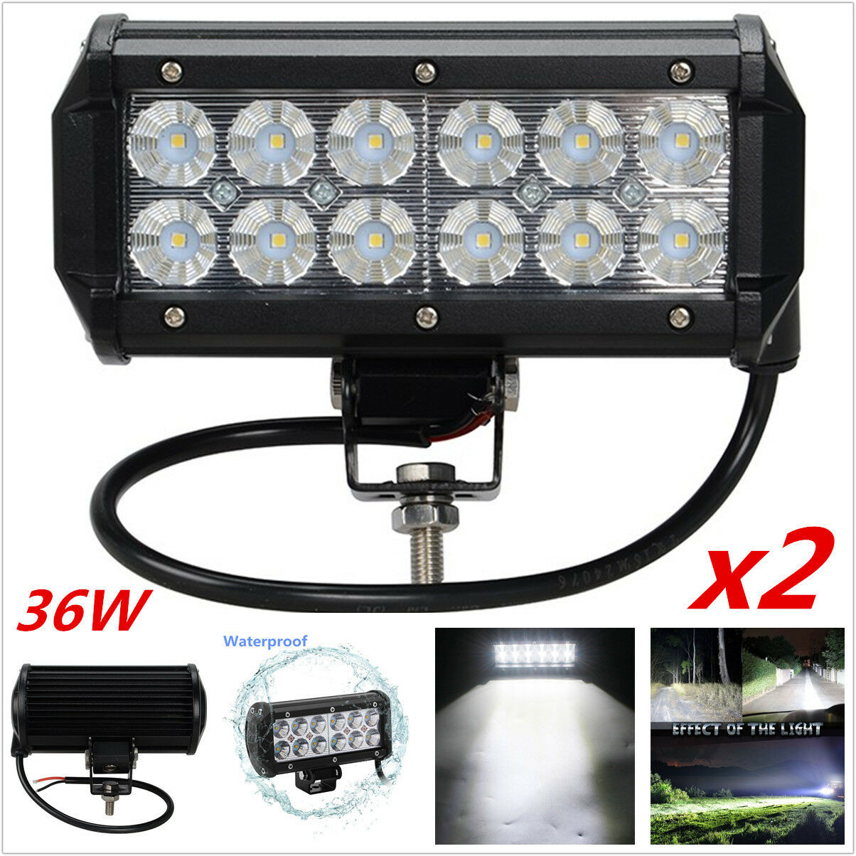2x 36W 7" Flood Beam  LED Work Light Driving Fog Lamp For 4WD SUV Boat