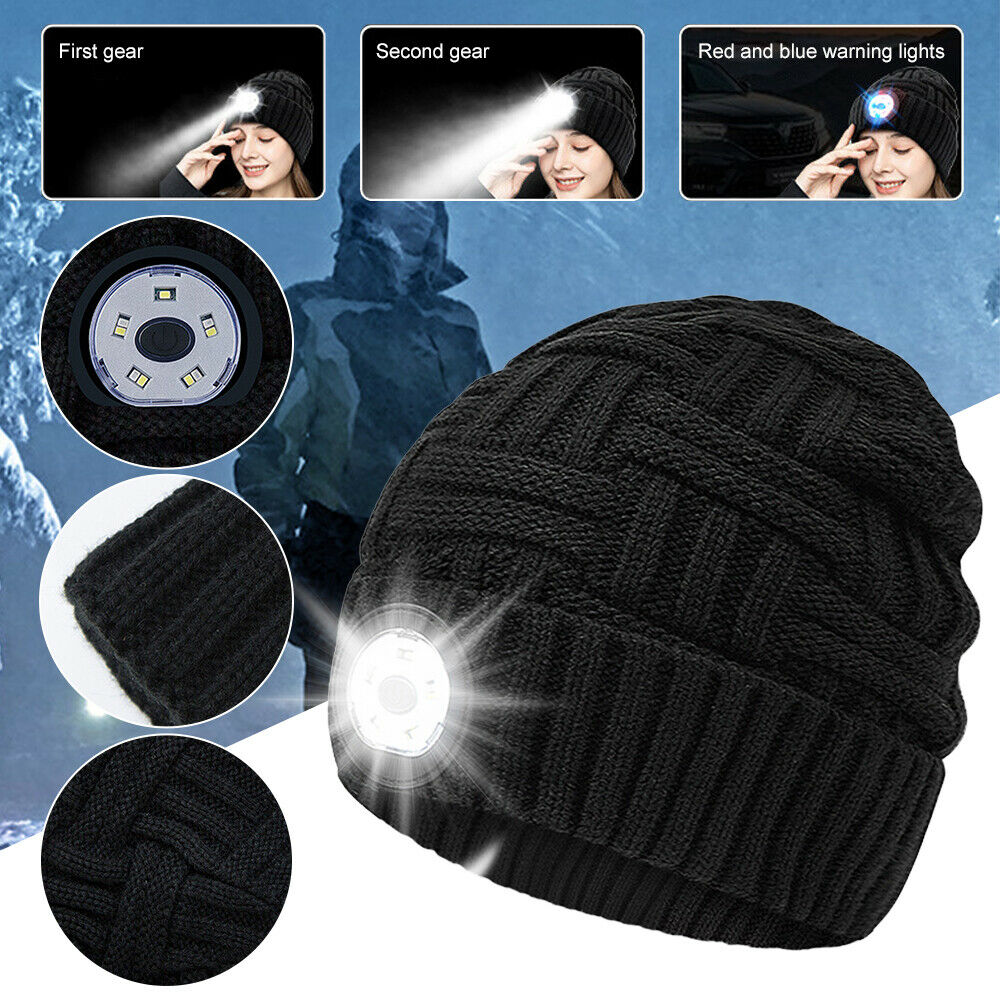 LED Head Torch Warm Beanie Hat Light Outdoor Battery/Rechargeable Headlight Lamp