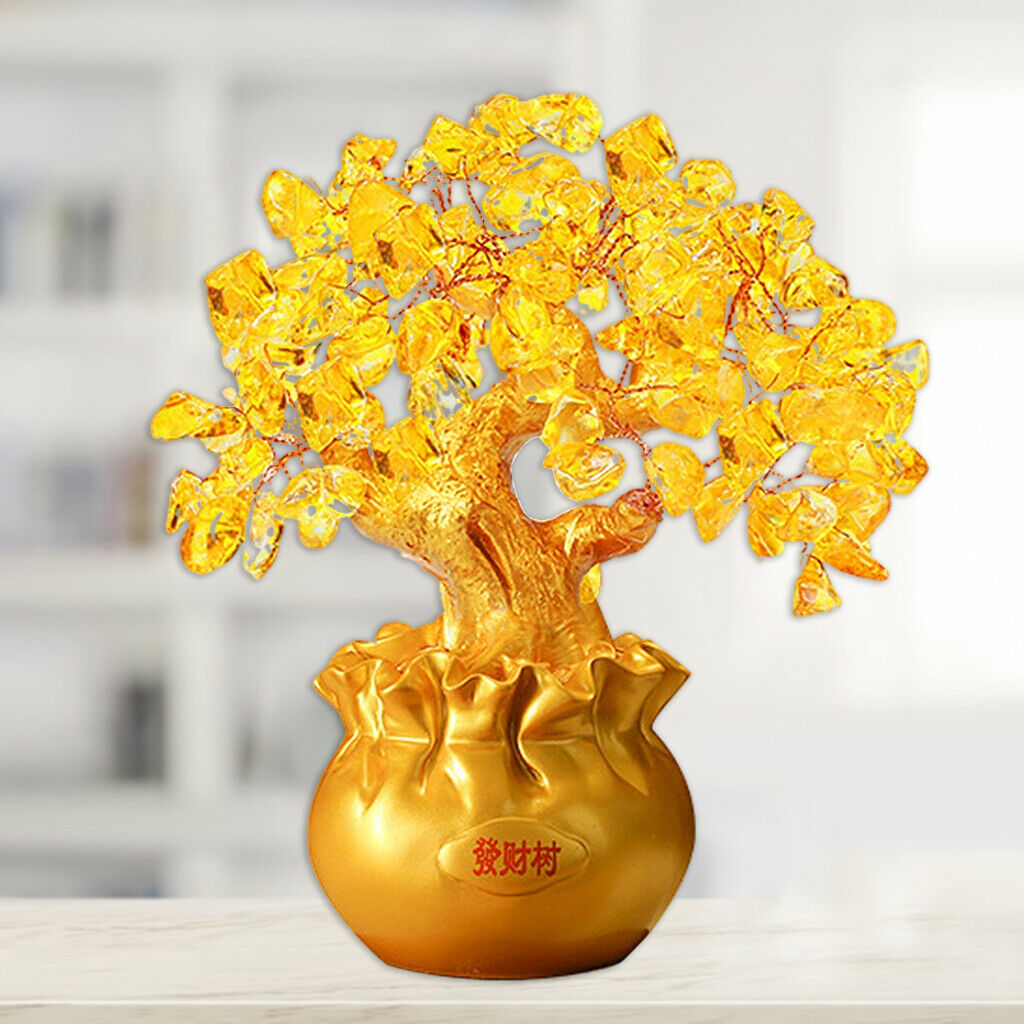 Crystal Money Tree Lucky Tree Feng Shui Ornament for Home Office Golden