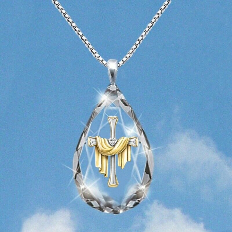 Transparent Crystal Religious Two-Tone Cross Pendant Necklace Jewelry Gift
