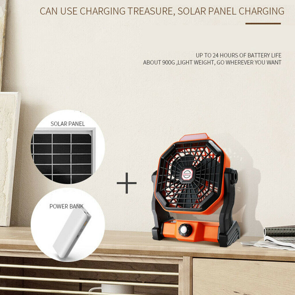 USB Solar Power Fan LED Light 3-Balde Tabletop Desk Fan for Travel Fishing