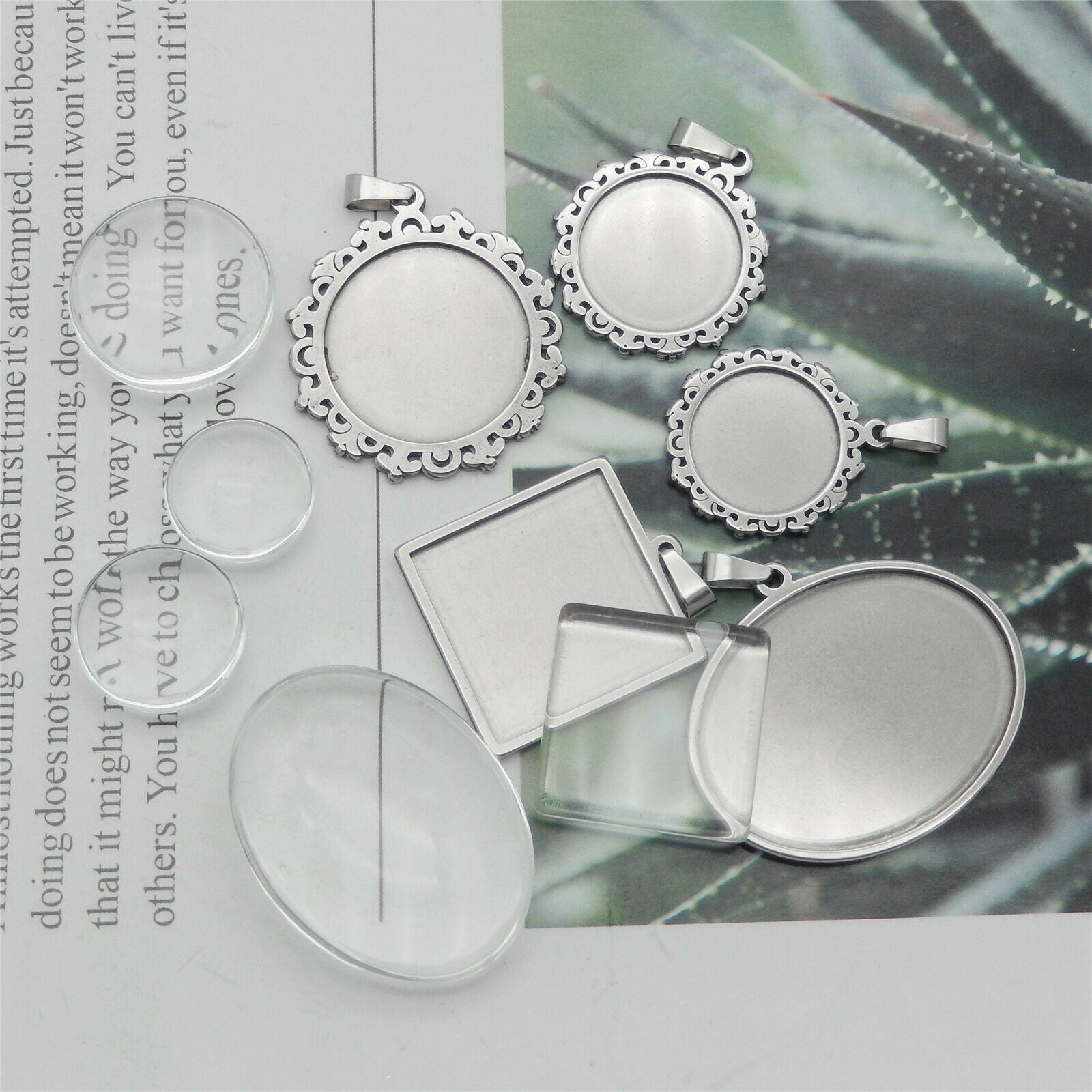 5 Mix Stainless Steel Bezel Frames with Glass Cabochons Photo Art Pendant DIY