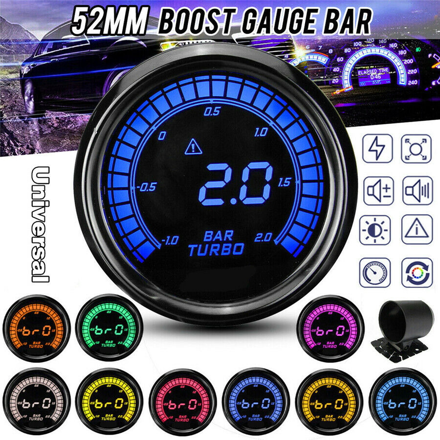 2" 52mm Digital & Pointer 10 Color LED Car Turbo Boost Meter Bar Pressure Gauge