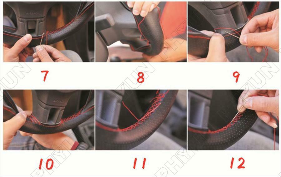 38cm DIY Hand Sewing Car Steering Wheel Cover Premium Leather Black & Red Line